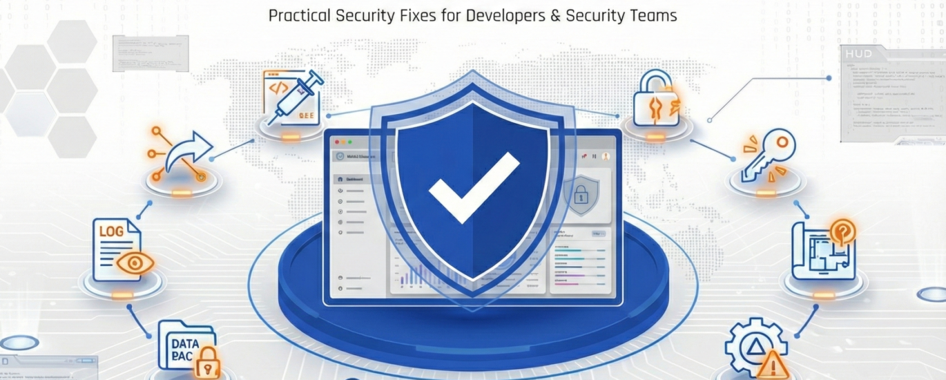 Illustration showing how to fix OWASP Top 10 vulnerabilities in a web application with a digital security shield and cybersecurity icons representing injection, authentication, access control, and data protection.