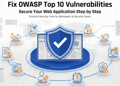 Illustration showing how to fix OWASP Top 10 vulnerabilities in a web application with a digital security shield and cybersecurity icons representing injection, authentication, access control, and data protection.