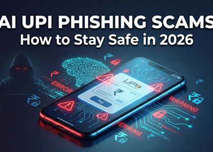 Smartphone showing UPI payment app with cybersecurity warning symbols representing UPI phishing scams in India 2026