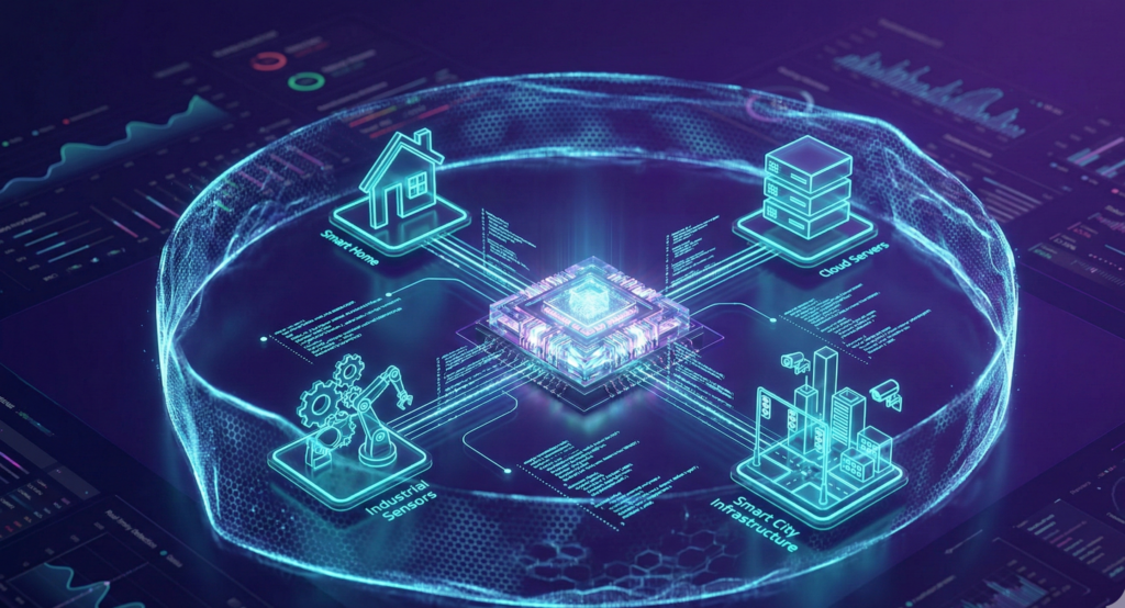 IoT security management system with connected smart devices and real-time anomaly detection visualization