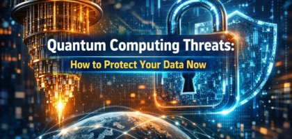 Digital shield protecting encrypted data from quantum computing threats in a modern cybersecurity environment.