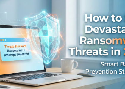 Digital shield protecting business laptop from ransomware threats