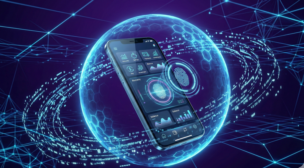 Secure mobile banking app with biometric authentication and encrypted digital interface visualization