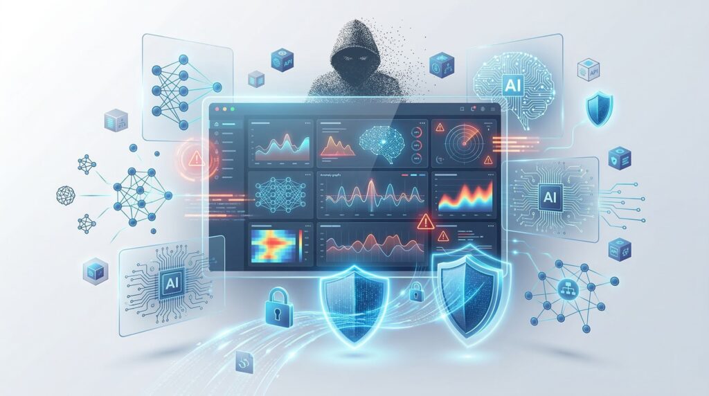 Futuristic AI cybersecurity dashboard monitoring vulnerabilities, data protection systems, and AI threat detection in a modern digital environment