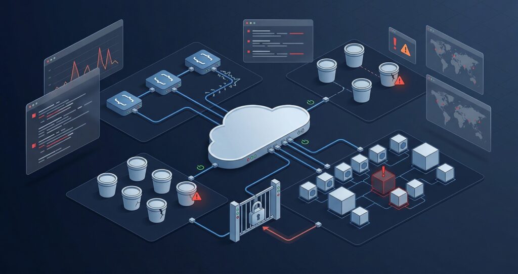 Cloud infrastructure diagram showing API attacks, exposed storage buckets, compromised containers, and security threats in a modern cloud environment