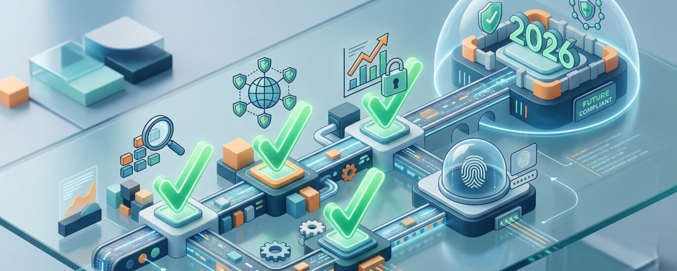 Cybersecurity compliance system with security checks and 2026 regulation concept