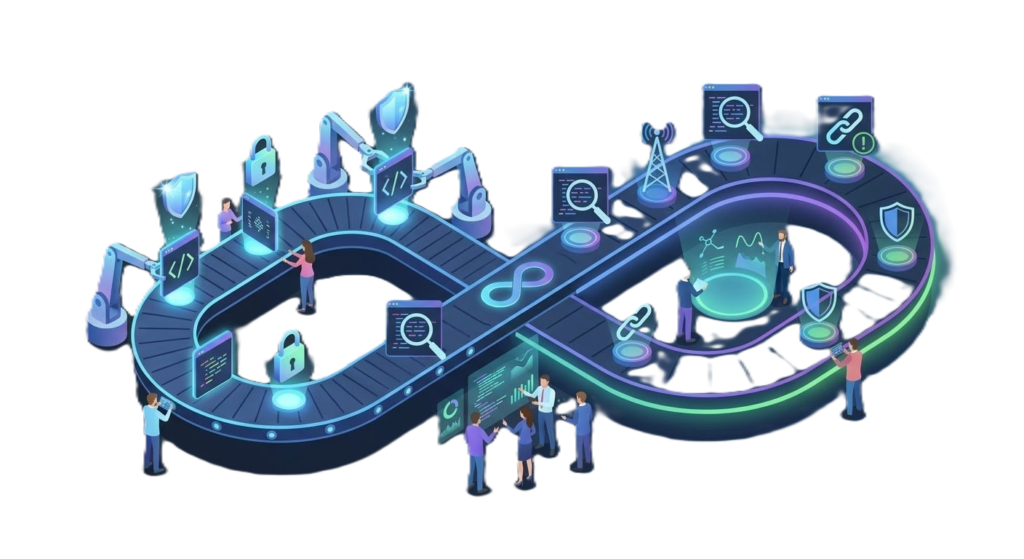 A high-tech isometric map of a continuous software pipeline with robotic arms and security nodes.