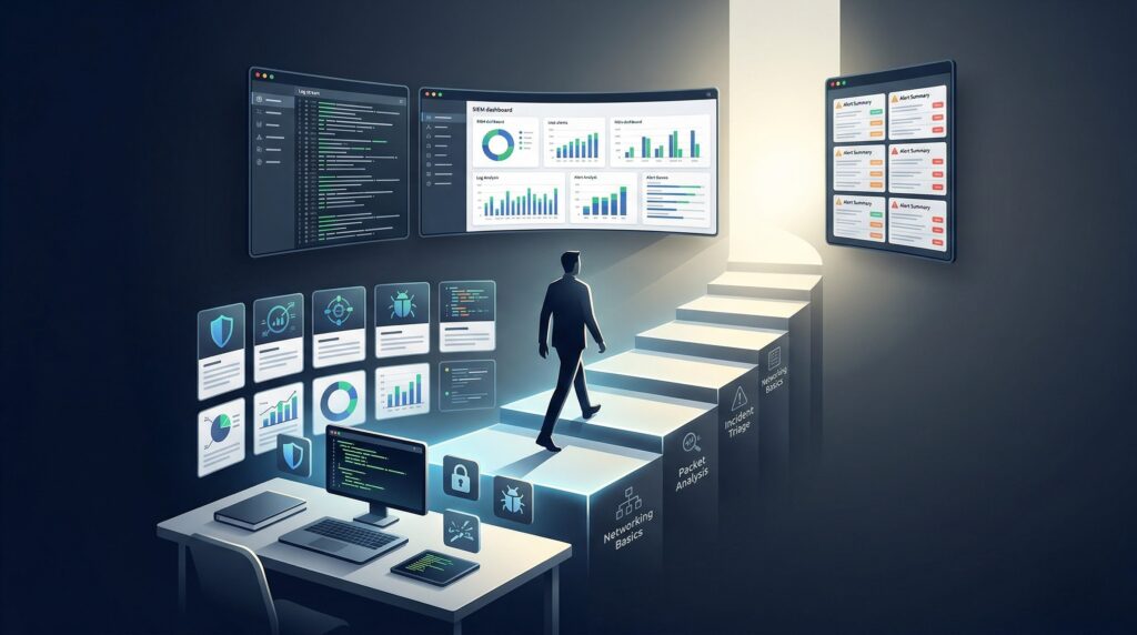 Illustration of a structured career path to becoming a SOC Analyst, showing progression from cybersecurity learning to advanced security operations monitoring dashboards