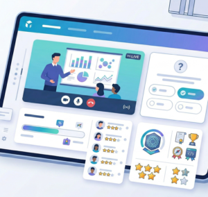 Online learning dashboard on tablet with live class video, analytics charts, and student performance metrics