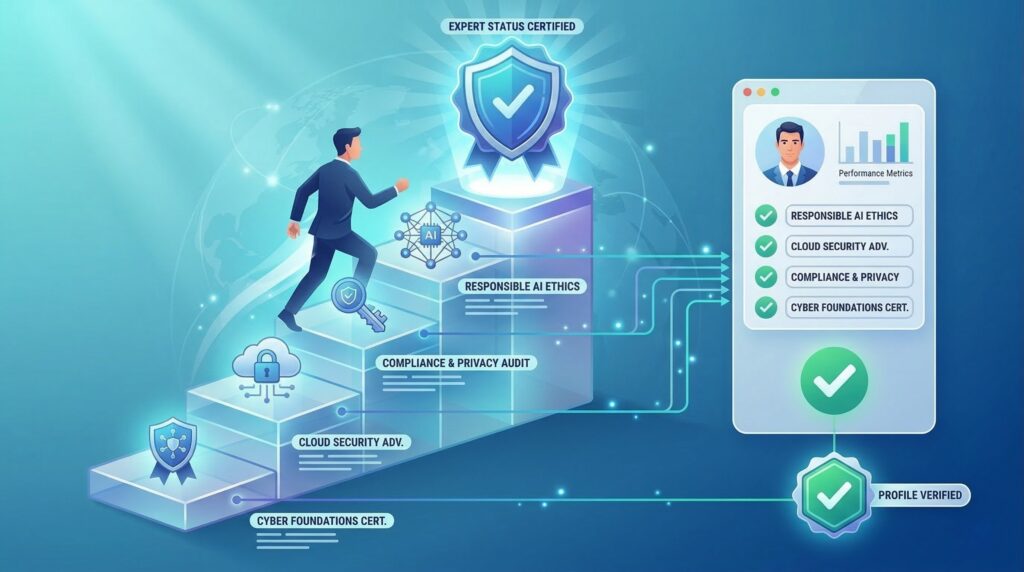 A professional figure climbing glowing digital steps toward a large expert shield badge, with a verified profile checklist on the right.