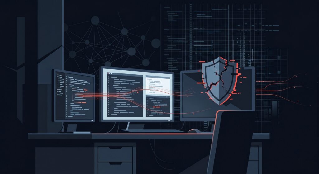 Illustration of AI code leak showing a cybersecurity breach in artificial intelligence systems with glowing warning nodes and compromised data flow