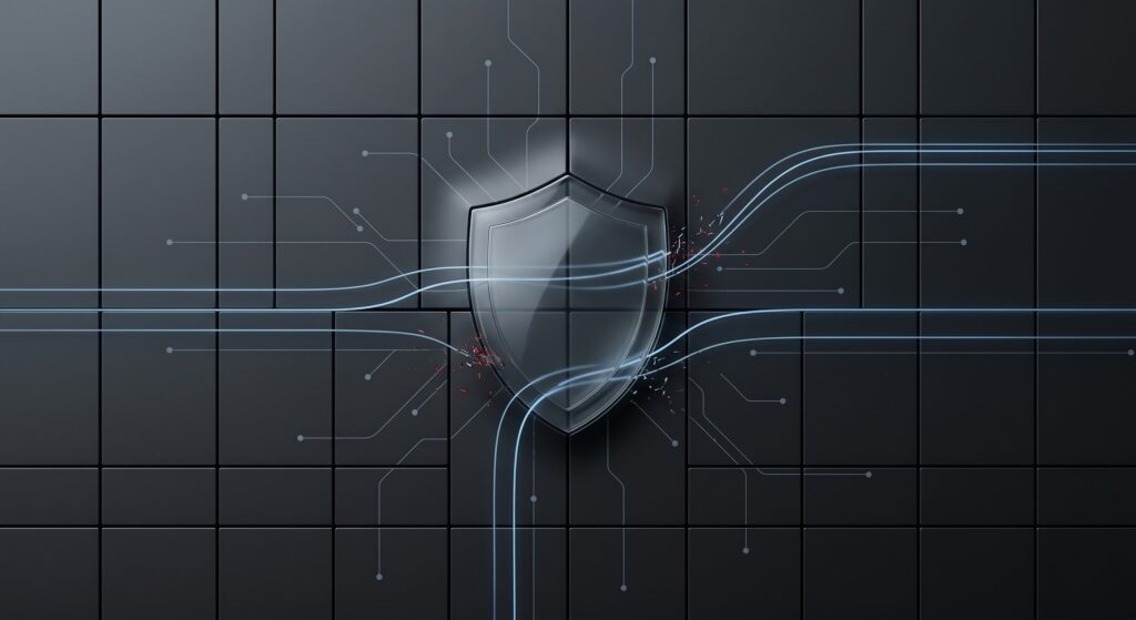 Abstract digital cybersecurity system with embedded shield, network connections, and data flow representing evolving cyber threats and protection in 2026