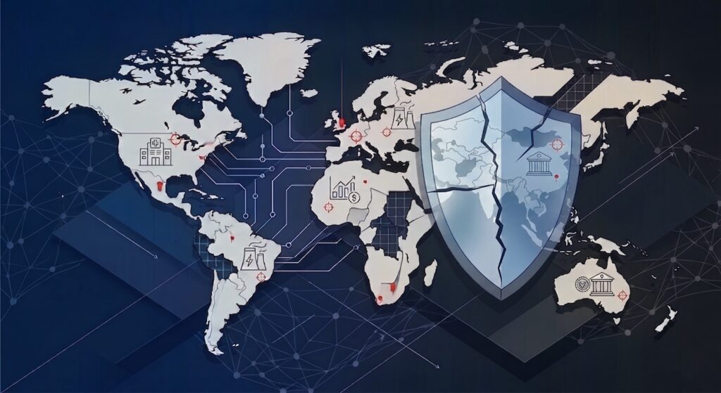 Global cyber warfare map showing infrastructure targets and a cracked security shield representing cyber attack risks in 2026