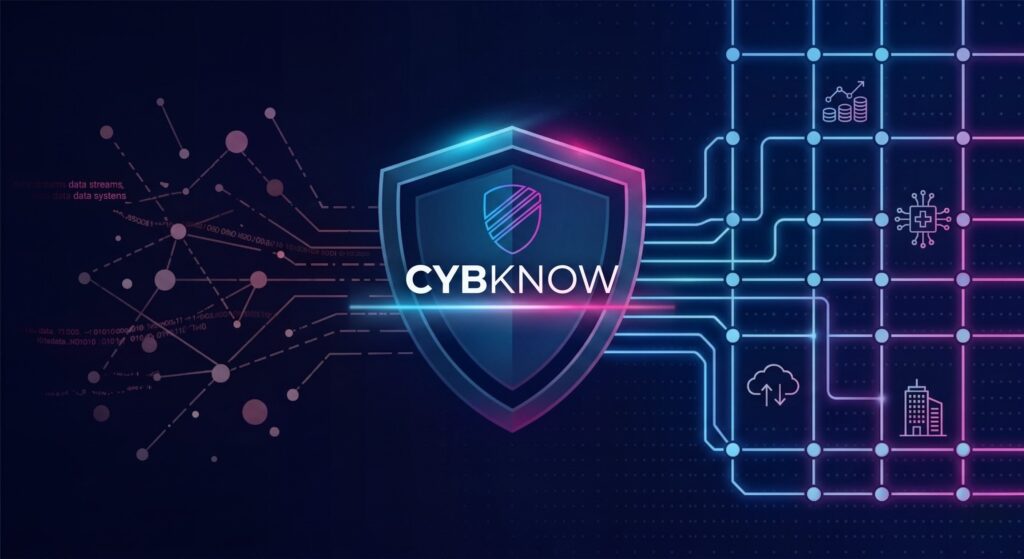 Cybknow cybersecurity services securing business networks across industries with modern digital protection illustration