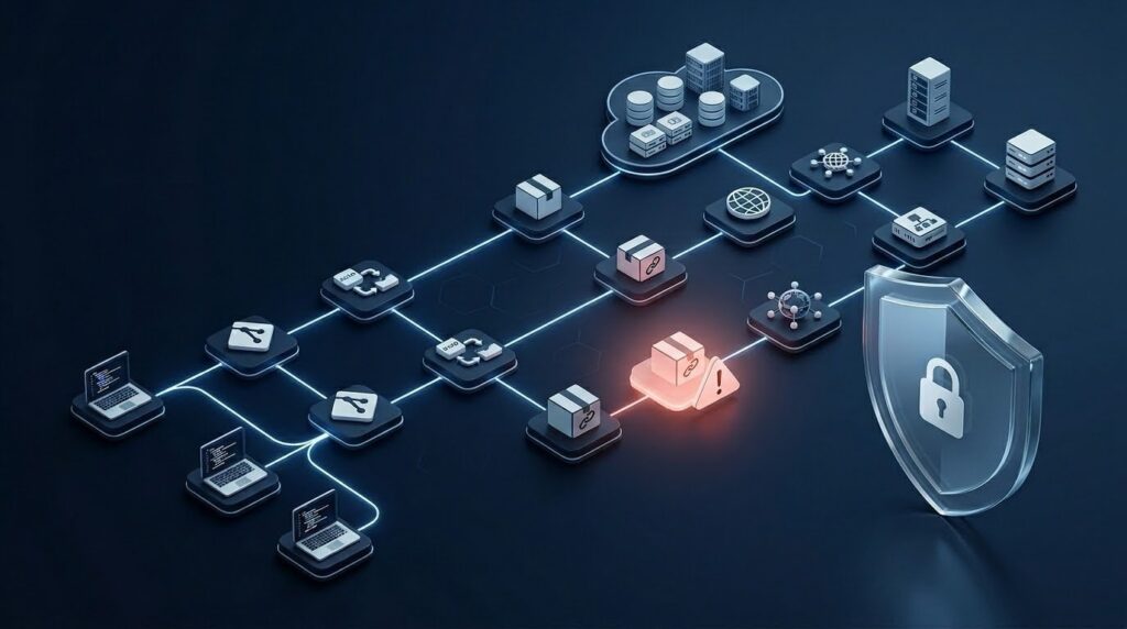 Illustration of a secure digital supply chain network with connected systems, a highlighted vulnerability, and a cybersecurity shield protecting data flow