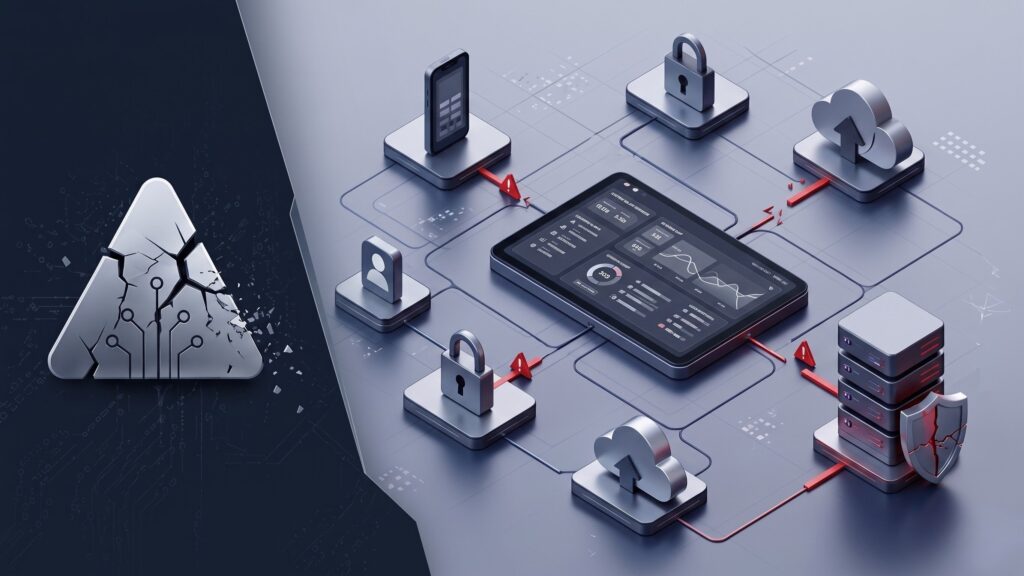 Illustration of cloud deployment system with security vulnerabilities, showing fractured deployment icon, connected apps, authentication locks, and compromised server infrastructure