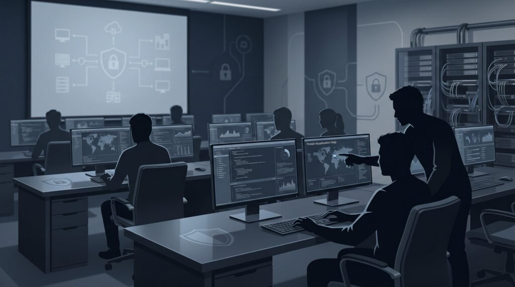 Modern cybersecurity internship training lab with students monitoring security dashboards and network systems in a professional cyber defense environment.