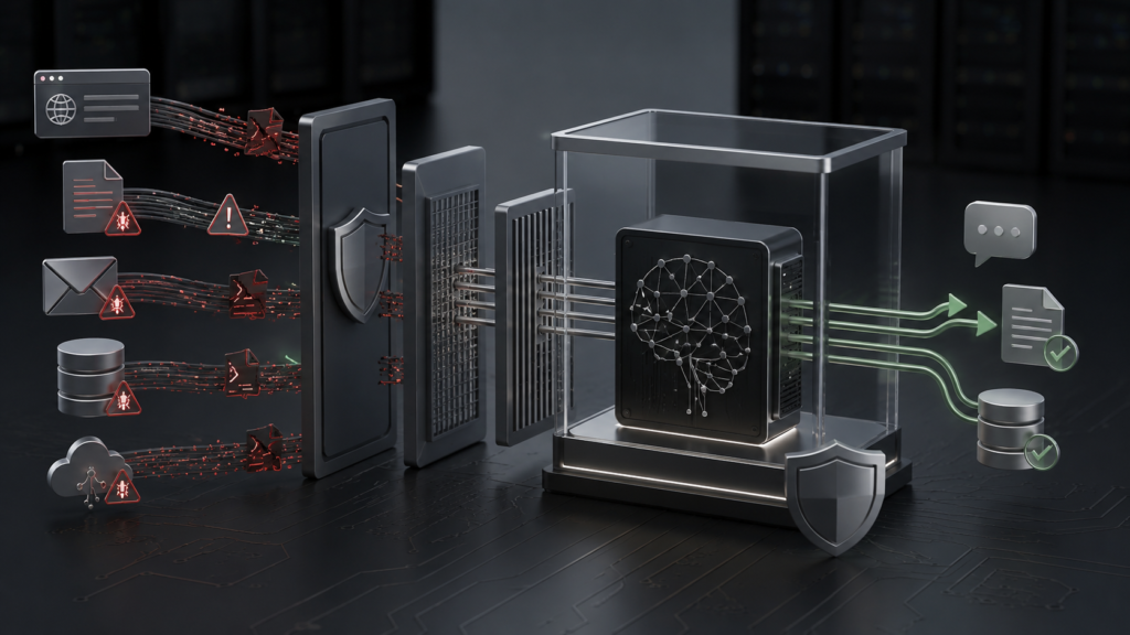 3D illustration showing prompt injection attacks blocked by security layers before reaching an AI system, representing enterprise AI and LLM security.