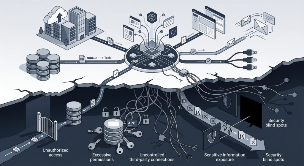 Illustration showing an autonomous AI agent connected to enterprise systems, cloud services, databases, and business applications, with hidden security risks such as unauthorized access, excessive permissions, third-party vulnerabilities, sensitive data exposure, and security blind spots beneath the surface.