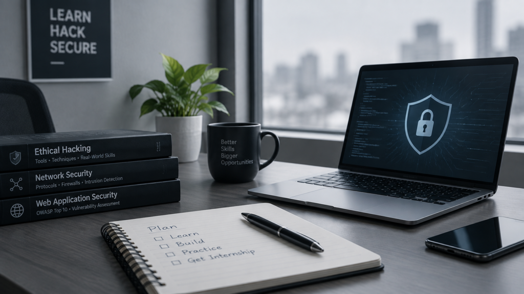 Winter cybersecurity internship workspace with ethical hacking and security tools